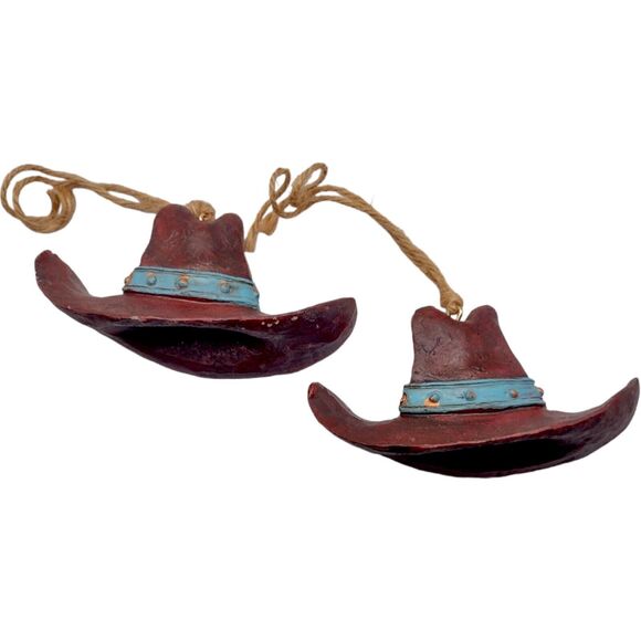 Vintage Pair of Cowboy Hat Christmas Ornaments Longhorn Skulls Hillbilly 3" - Picture 3 of 8